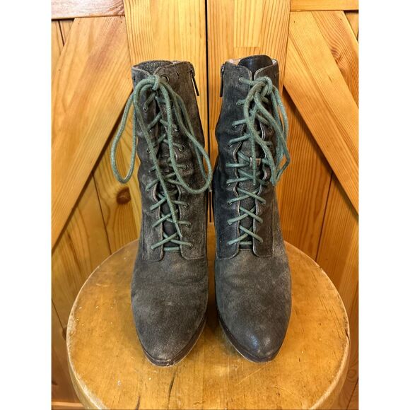 FRYE Sz 7.5M Harlow Distressed Brown Leather Laces Heeled Ankle Boots - Picture 2 of 11